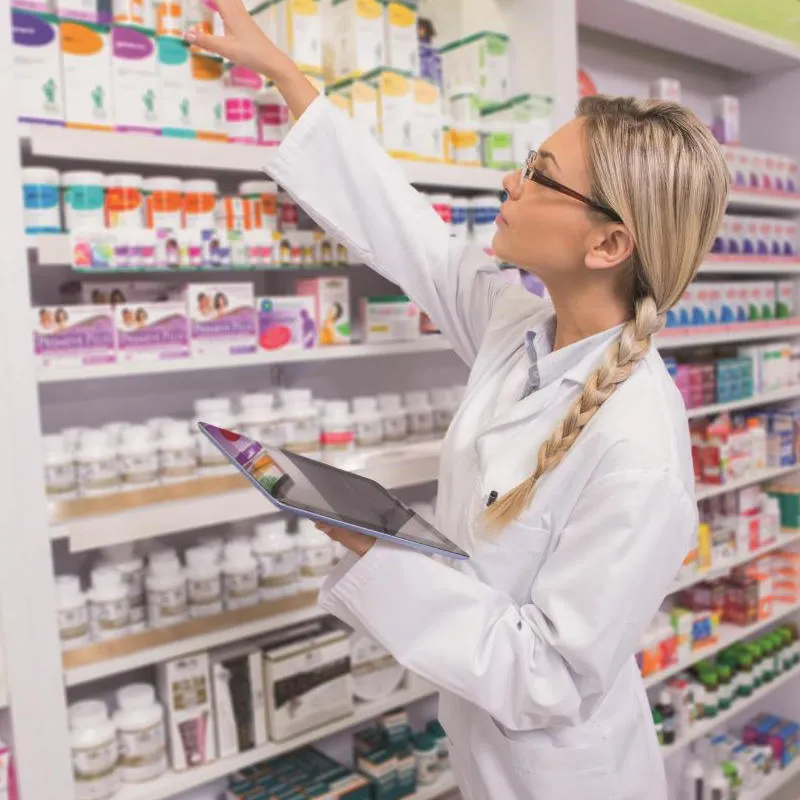 Woman in lab coat in pharmacy picking stock off a shelf 